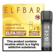 Elf Bar Elfa prefilled pod in Pineapple Lemon Soda flavor, combining sweet pineapple with zesty lemon and a fizzy soda twist, designed for use with the Elf Bar Elfa device for a refreshing and tangy vaping experience.